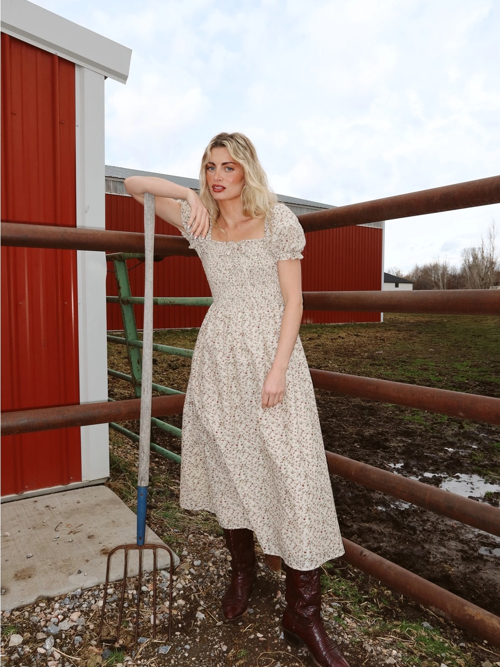 Henly Brigitte Floral Ivory Puff-Sleeve Midi Dress with Smocked Bodice